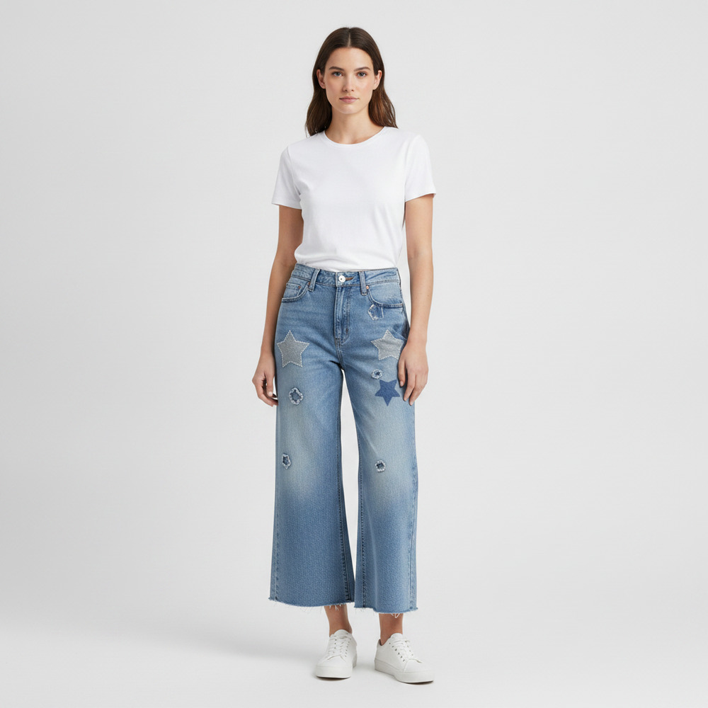 Kyla Seo Light Wash Star Patch Wide-Leg Jeans | Women’s Size 8 Regular - Picture 9 of 10